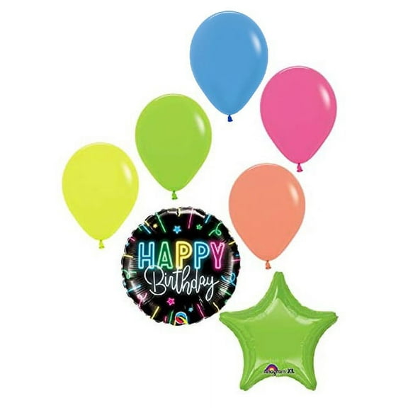 DalvayDelights 7 pc Black & Neon Black Light Party Happy Birthday Balloon Bouquet Decoration Glow UV