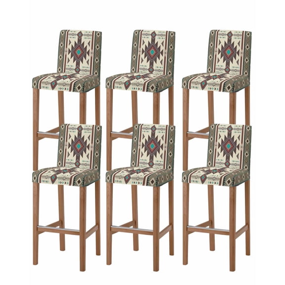 Brown Southwest Bar Stool Covers Set of 6, Ethnic Boho Tribal Vintage Geometric Stretch Washable Bar Chair Covers with Backs, Removable Pub Counter Height Chair Cover for Kitchen Dining Room Cafe