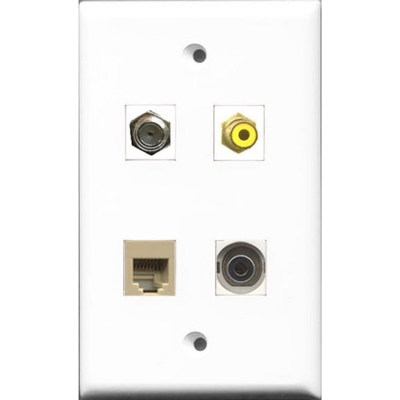 RiteAV 1 Port RCA Yellow and 1 Port Coax Cable TV- F-Type and 1 Port Phone RJ11 RJ12 Beige and 1 Port 3.5mm Wall Plate