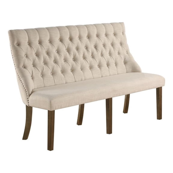 Large Walnut Wood Dining Bench Upholstered with Beige Linen Fabric