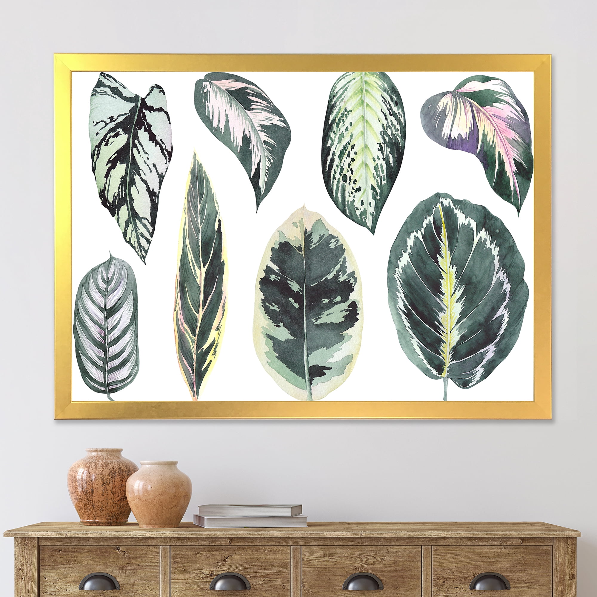 Designart 'Tropical Calathea Leaves On White' Bohemian & Eclectic Framed Art Print