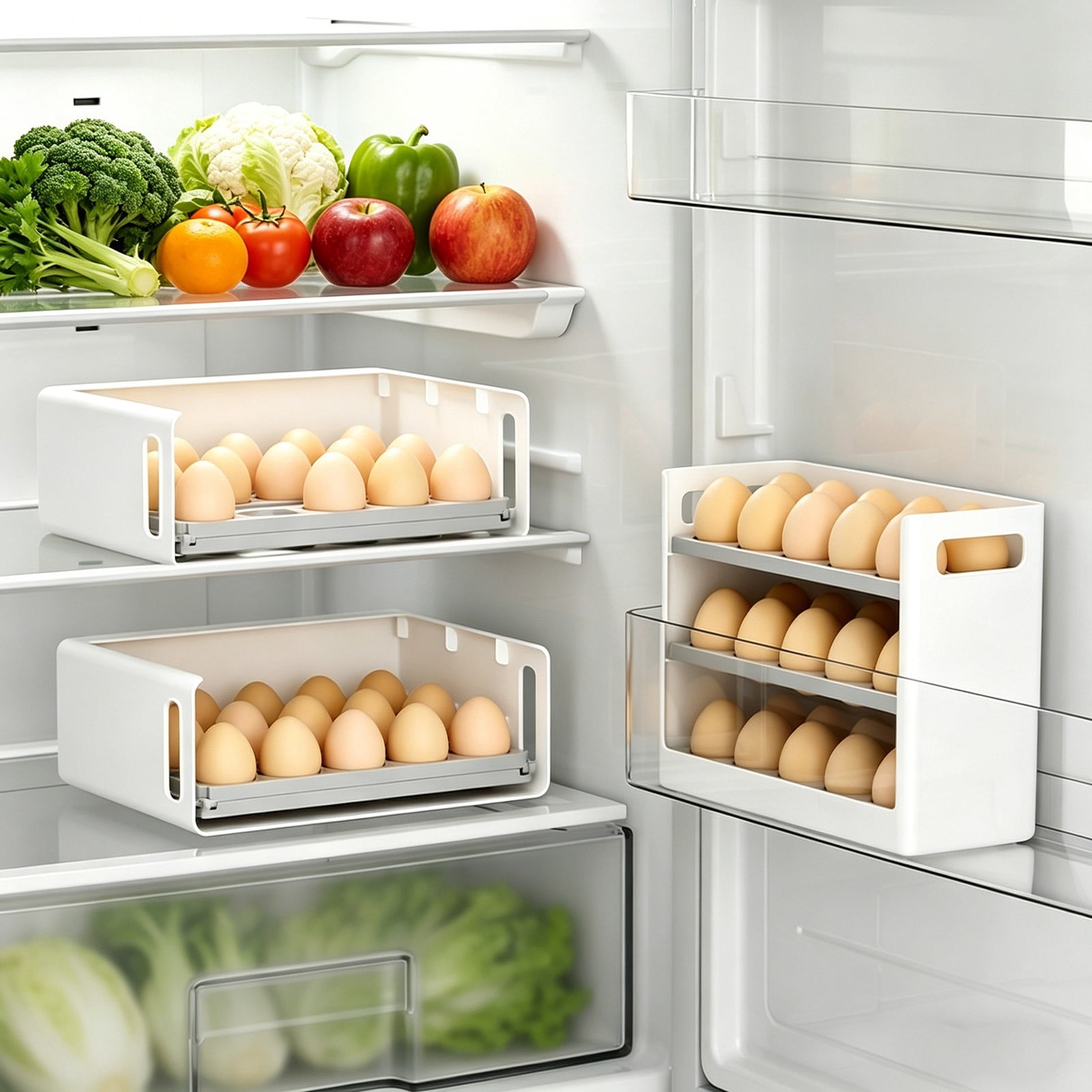 UNLLLL Plastic Egg Holder with Removable Inner Tray, Space Saving Egg Container for Fridge, 3 Tiers Fridge Egg Rack, Holds Up to 30 Eggs, for Kitchen Fridge Counter Top