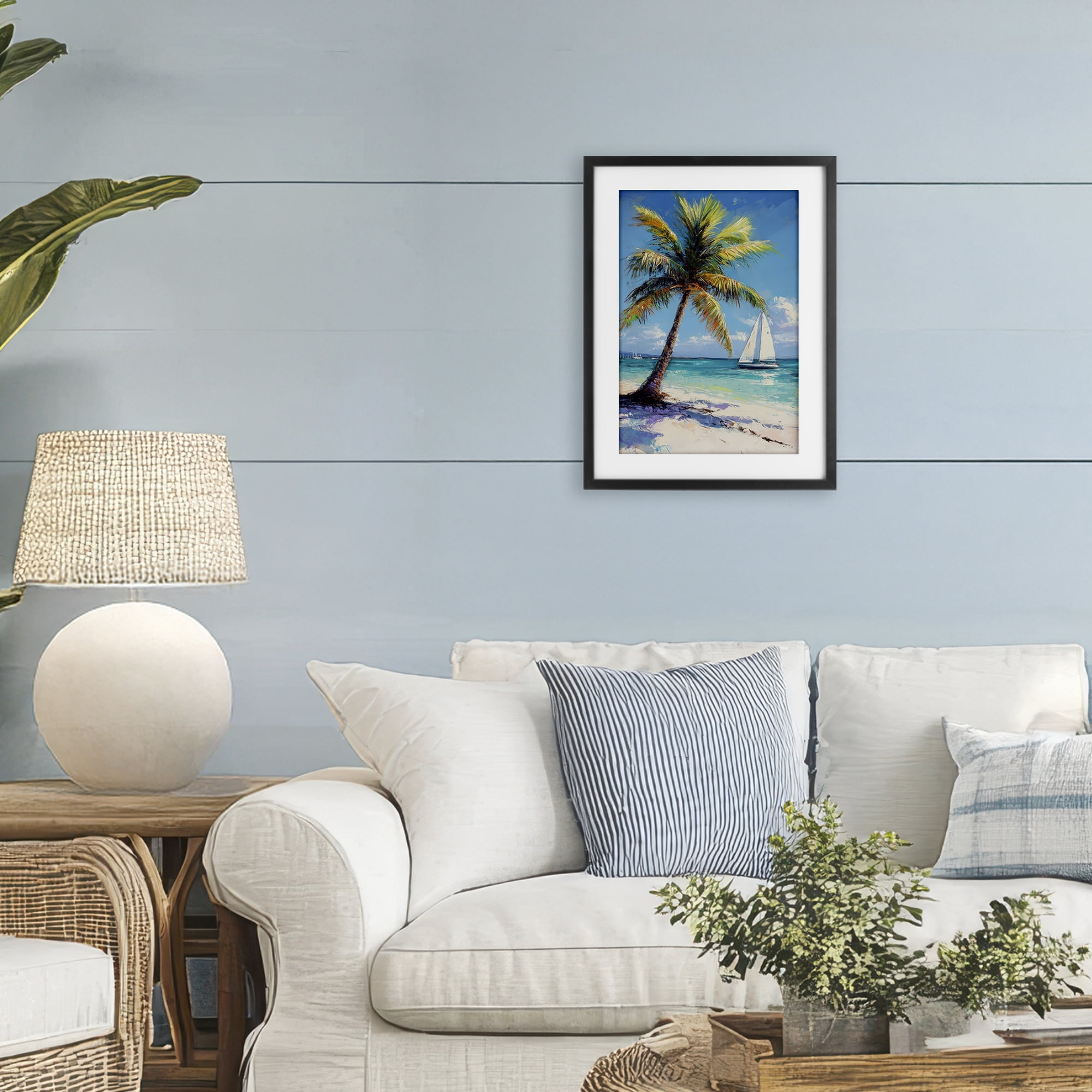 Stupell Industries Palms & Sails Beach View Black Framed Print Under Glass, design by Petal Prints Design