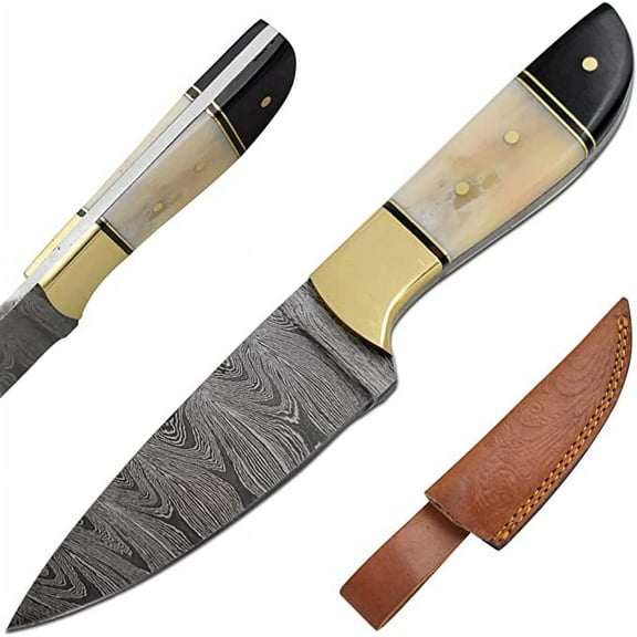 Old Ram Handmade Bone/Horn 7 inches - Damascus Steel Fixed Blade Hunting Knife