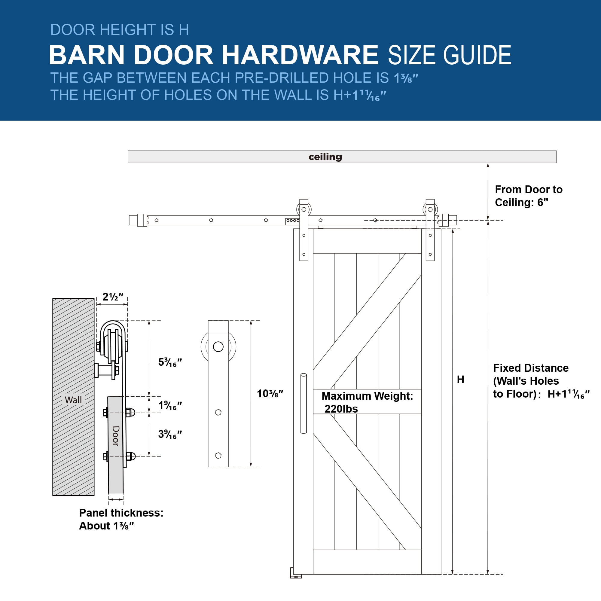 36in. W x 84in. H White Sliding MDF Barn Door with Black Sliding Door Hardware Kit & Handle, Pre-Drilled Ready to Assemble, Waterproof PVC Coating, H-Frame