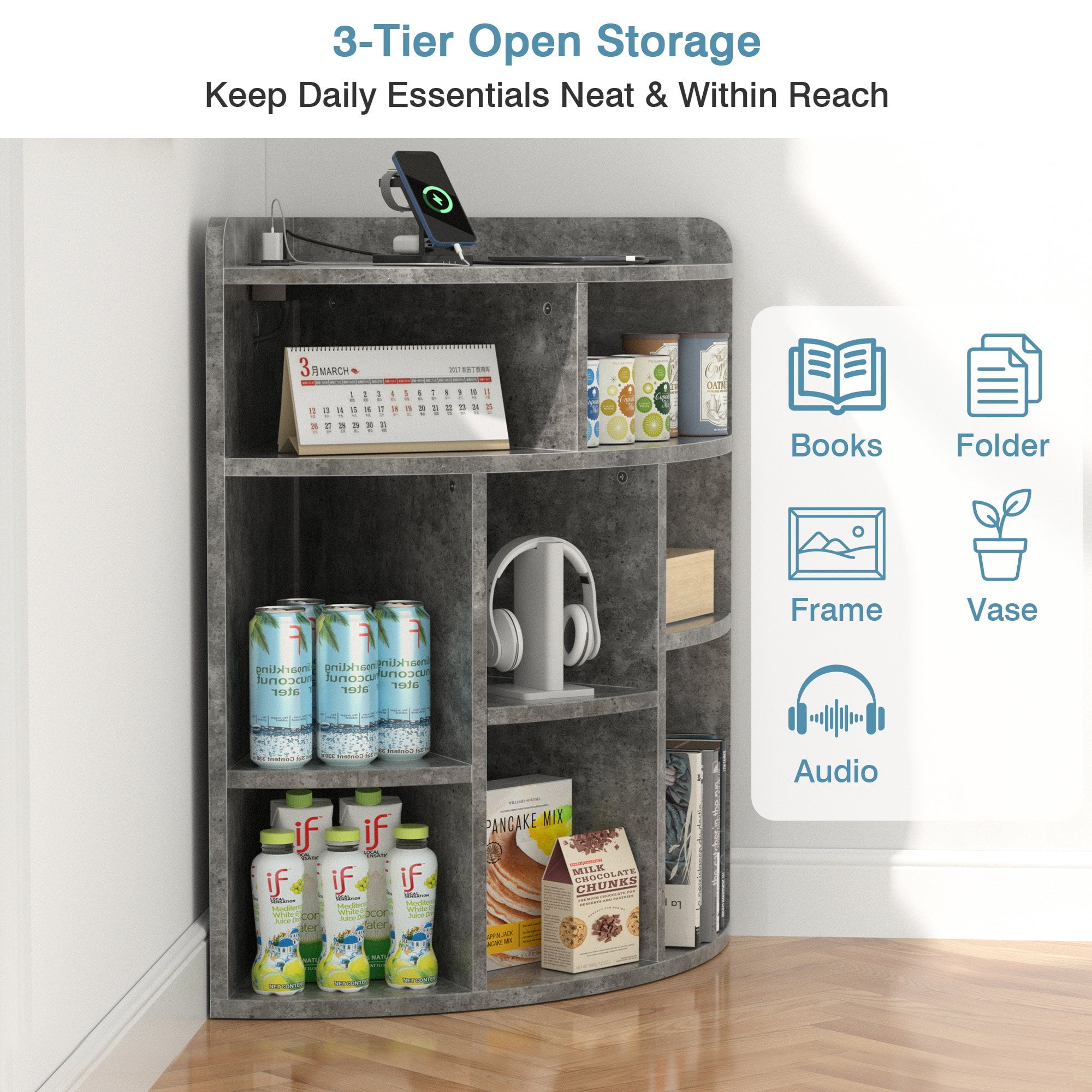 VECELO Corner Cabinet Storage with USB Ports and Outlets, Wooden Cubby Bookshelf for Small Space, Adjustable Shelves Corner Cube Toy Storage for Playroom, Bedroom, Living Room, Gray