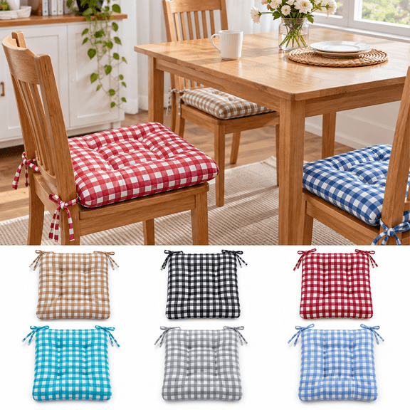 Plaid Chair Cushion with Ties Tufted Seat Pad for Dining Chairs Kitchen Office Sofa Living Room and Home Multiple Color Options