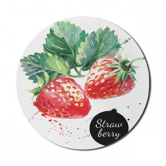 Watercolor Mouse Pad for Computers, Appetizing Strawberries with Hand Drawn Style Brush Marks Eats Food, Round Non-Slip Thick Rubber Modern Gaming Mousepad, 8" Round, Fern Green Red, by Ambesonne