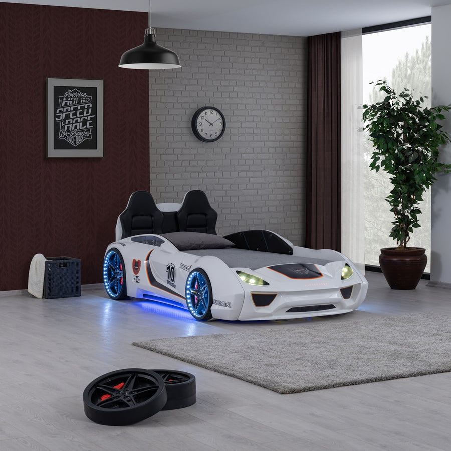 White GT Children Turbo Race Car Twin Bed, Remotly Controlled With