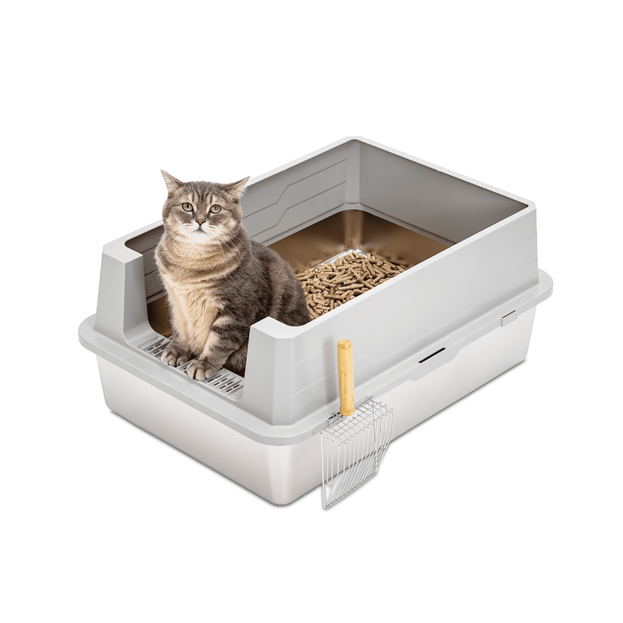 Furrbby XXL Stainless Steel Cat Litter Box with Lid for Pine Pellet, High Side with Scooper, Extra Large Litter Box for Cat, Odor Control, Easy Clean, 27.6*19.7 inch, Gray