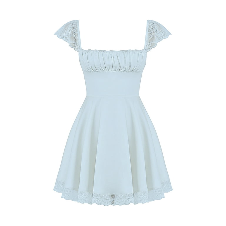 Aunavey Women's Summer Trendy Mini Dress Lace Trim Square Neck Backless A  Line Dress Aesthetic Fairy Corset Dress 