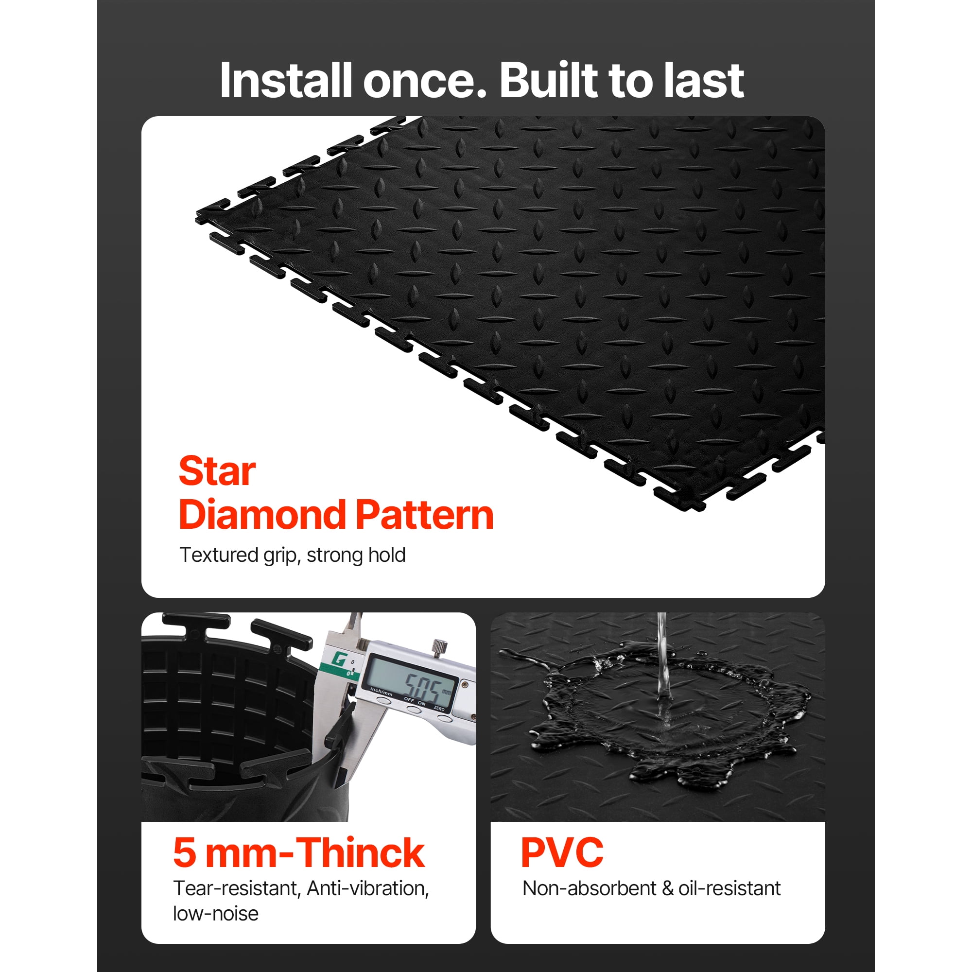 KFFKFF Interlocking Garage Floor Tiles, 16 Pack 20.2 x 20.2 x 0.2 in Modular Slip-Resistant PVC Flooring, Diamond Plate Design for Workshops, Warehouses, and Tool Rooms, Black