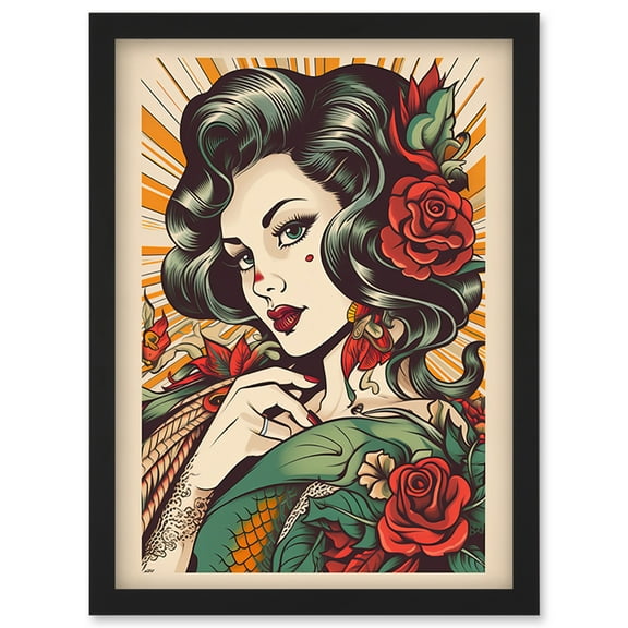Tattoo Pin Up Girl Roses Rockabilly Americana 50s Artwork Framed Wall Art Print A4