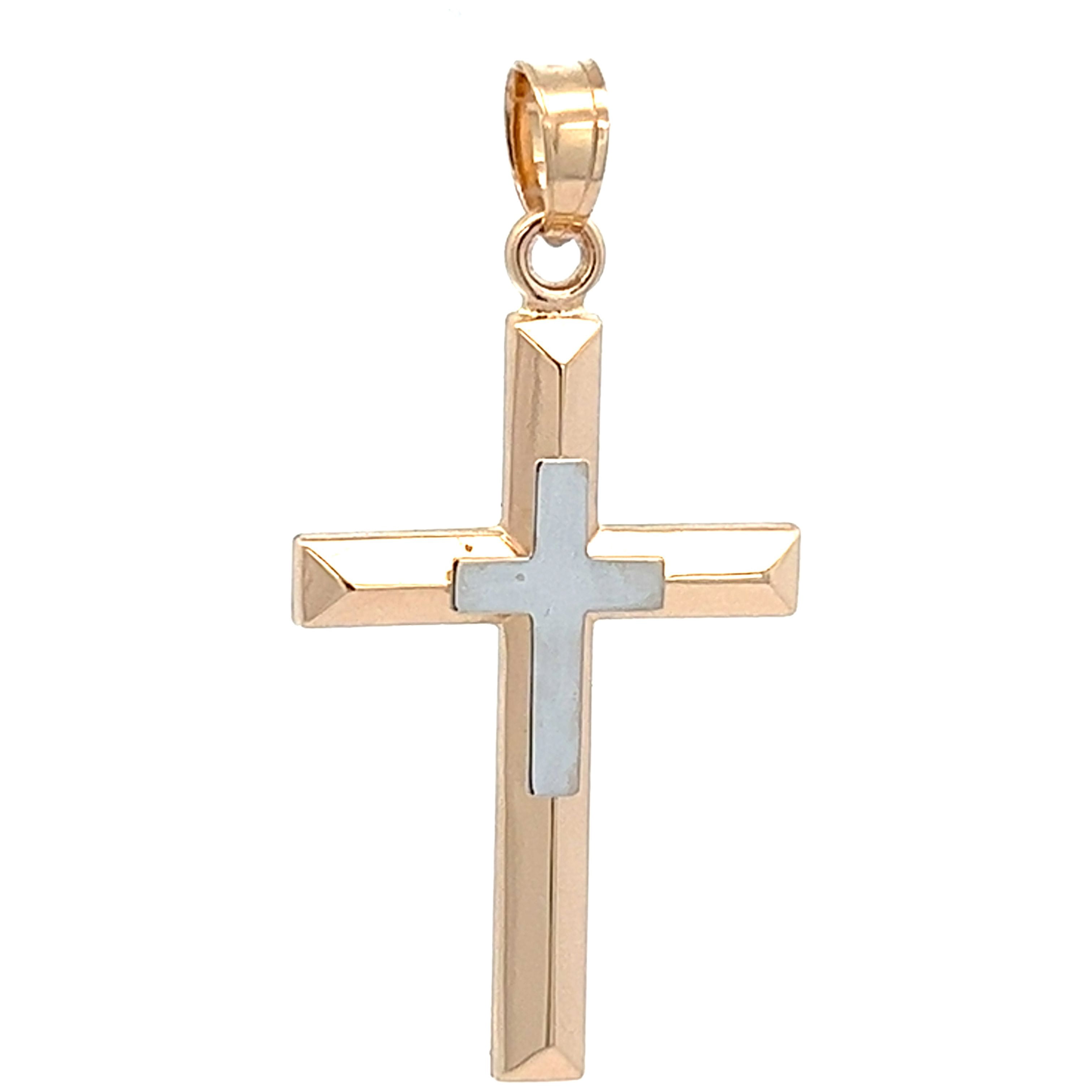 Brilliance Fine Jewelry 14 KT Two Tone Cross with Cross Design Religious Pendant, 14KT Yellow Gold Cross with 14KT White Gold Cross Accent