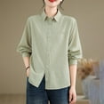 thumbnail image 4 of XPMWRP Women's Striped Button Down Solid Color Shirts Cotton Dress Shirt Oversized Lapel Collared Blouse Tops Business Office Attire Green L, 4 of 8
