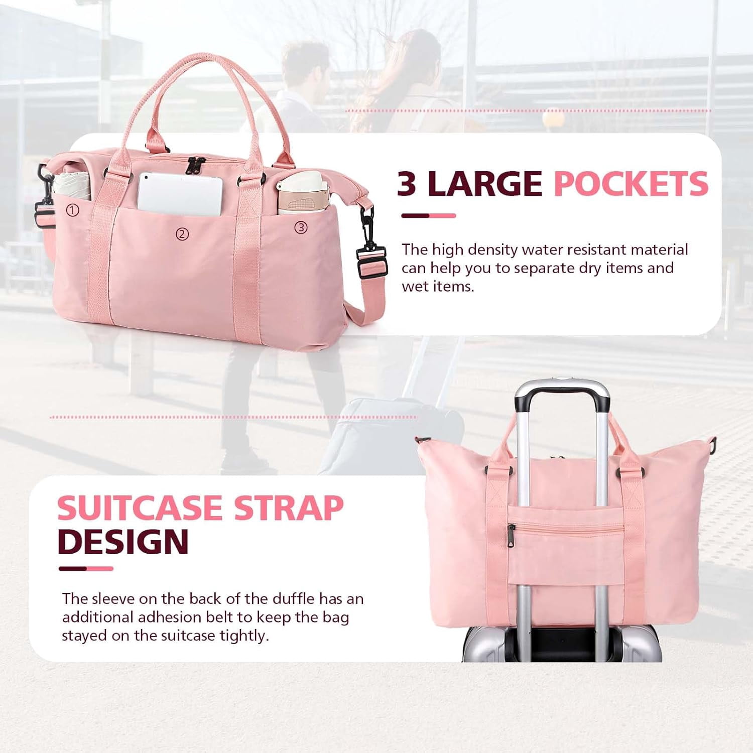 Kwuty TOPBAG Travel Duffle Bag, Waterproof Weekender Carry On Tote Bags for Women, Sport Gym Bag for Men, Hospital Bag for Labor and Delivery, Overnight Luggage Bag with Trolley Sleeve Coral Pink