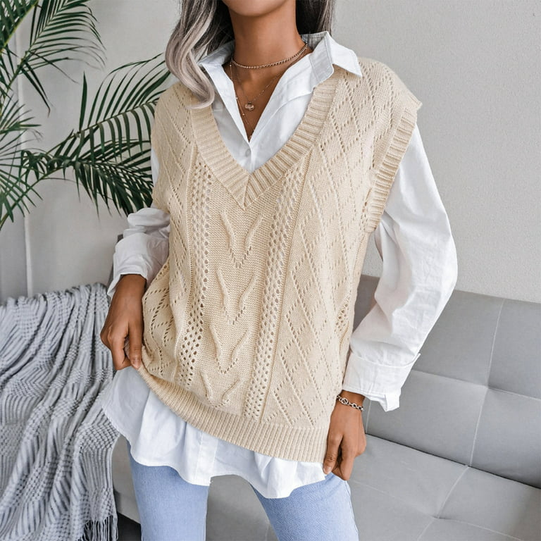 Women's Sweater Vests V-Neck Casual Loose Knit Sweater Vest Aesthetic  Clothes TBKOMH 