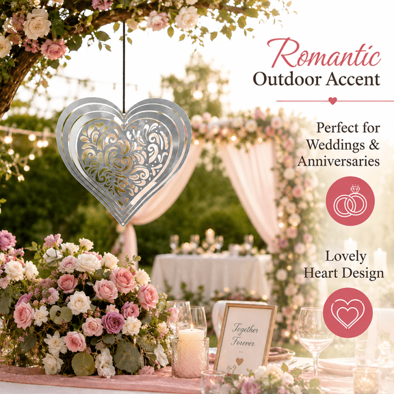 Heart Shaped Windmill Wind Chime - Stainless Steel Outdoor Decoration for Patios & Gardens, Valentine’s Day Gift & Home Accent, Durable Weather-Resistant Garden Wind Chime, Silver, 1pc