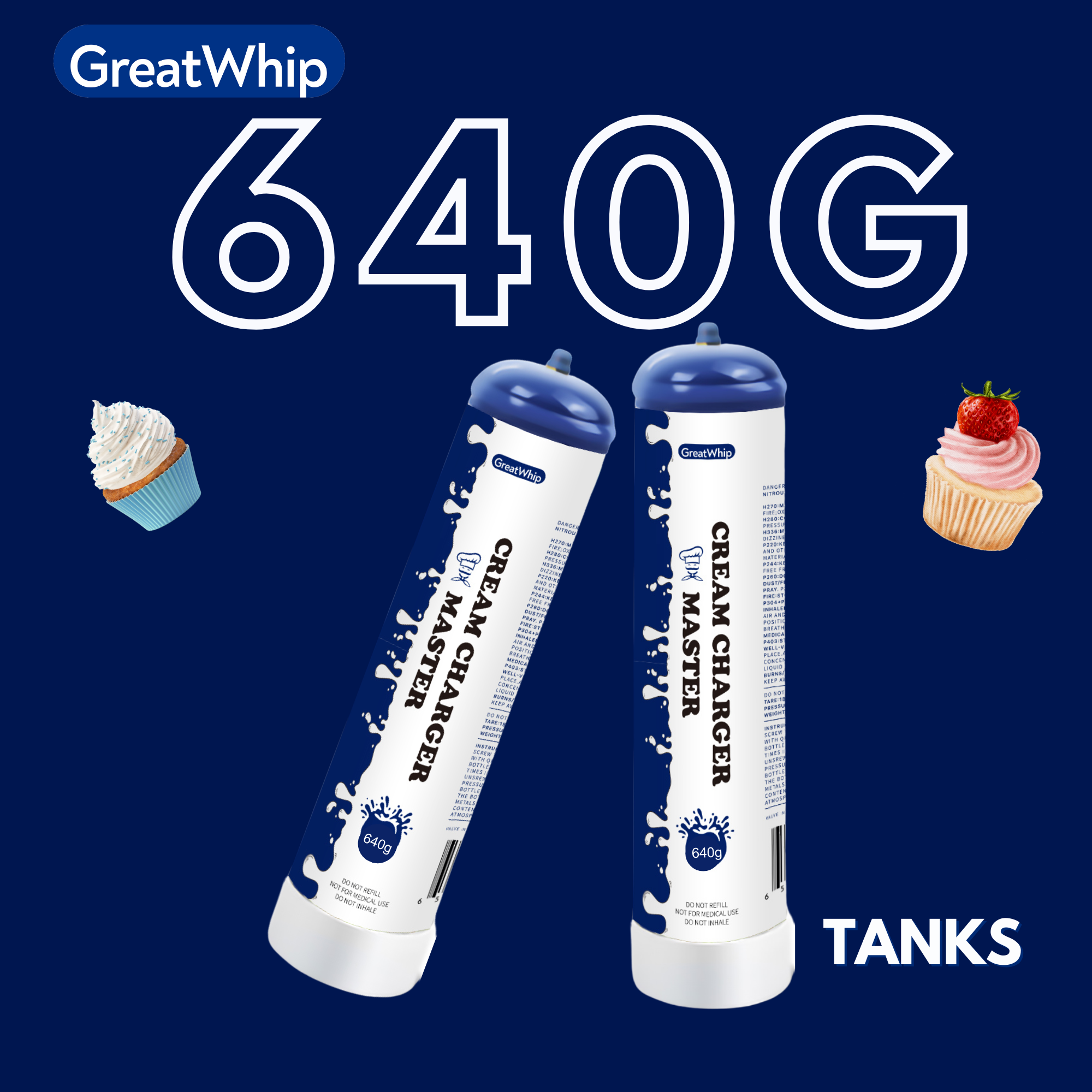 GreatWhip Whipped Cream Chargers Cylinder 640g 0.95L Pure N2O