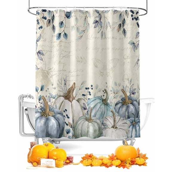 Thanksgiving Fall Shower Curtain Set ，Waterproof Fabric Shower Curtains Blue Leaves Pumpkin Plants Vintage Letter Shower Curtains for Bathroom,Bathroom Decor 66"x72"