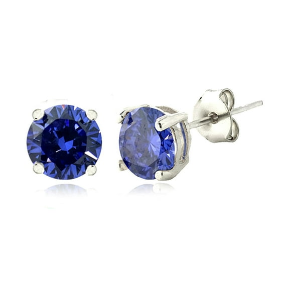 Silver Tone Simulated Tanzanite 6mm Round Solitaire Stud Earrings