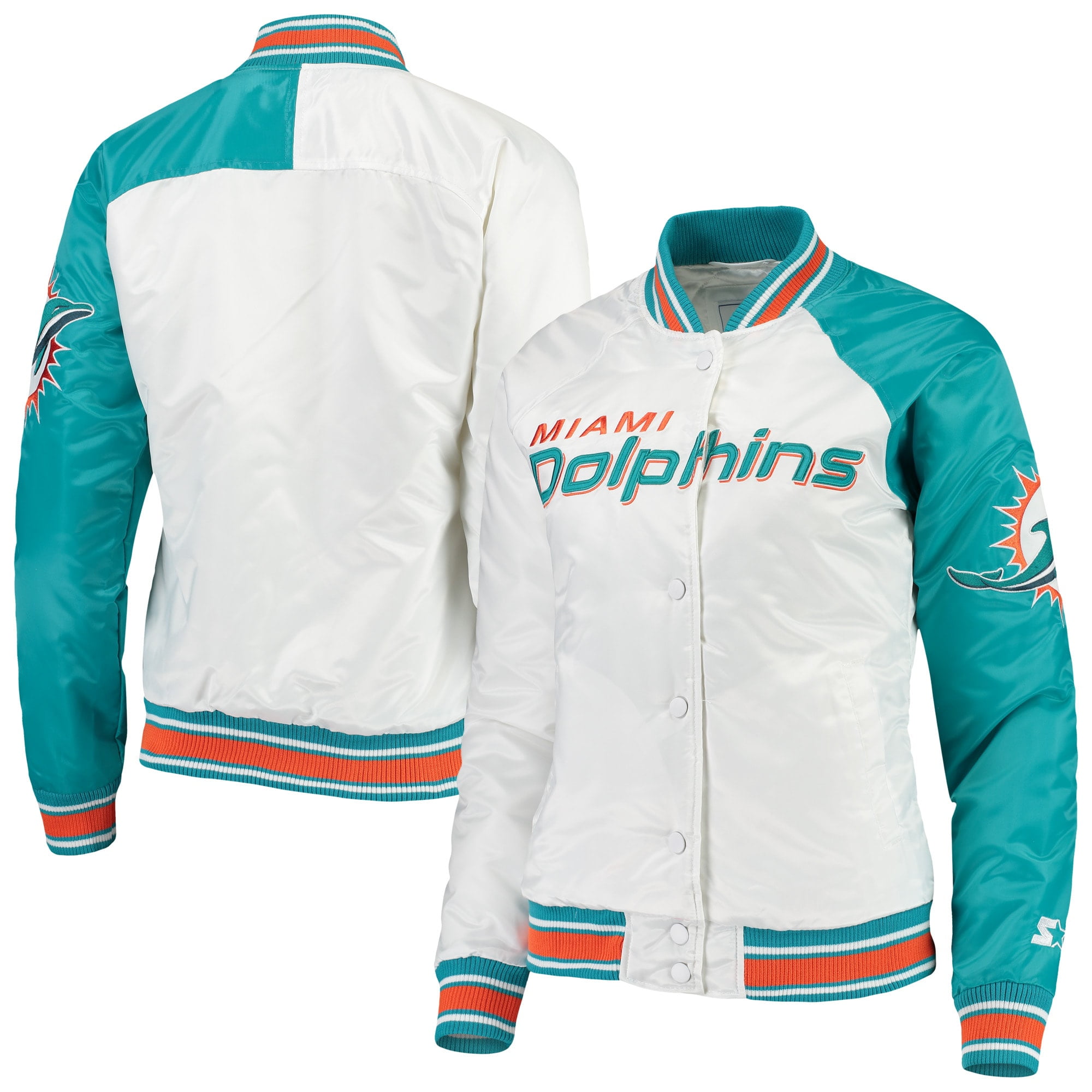 Miami Dolphins Starter Women's Hometown Satin FullSnap Jacket White/Aqua