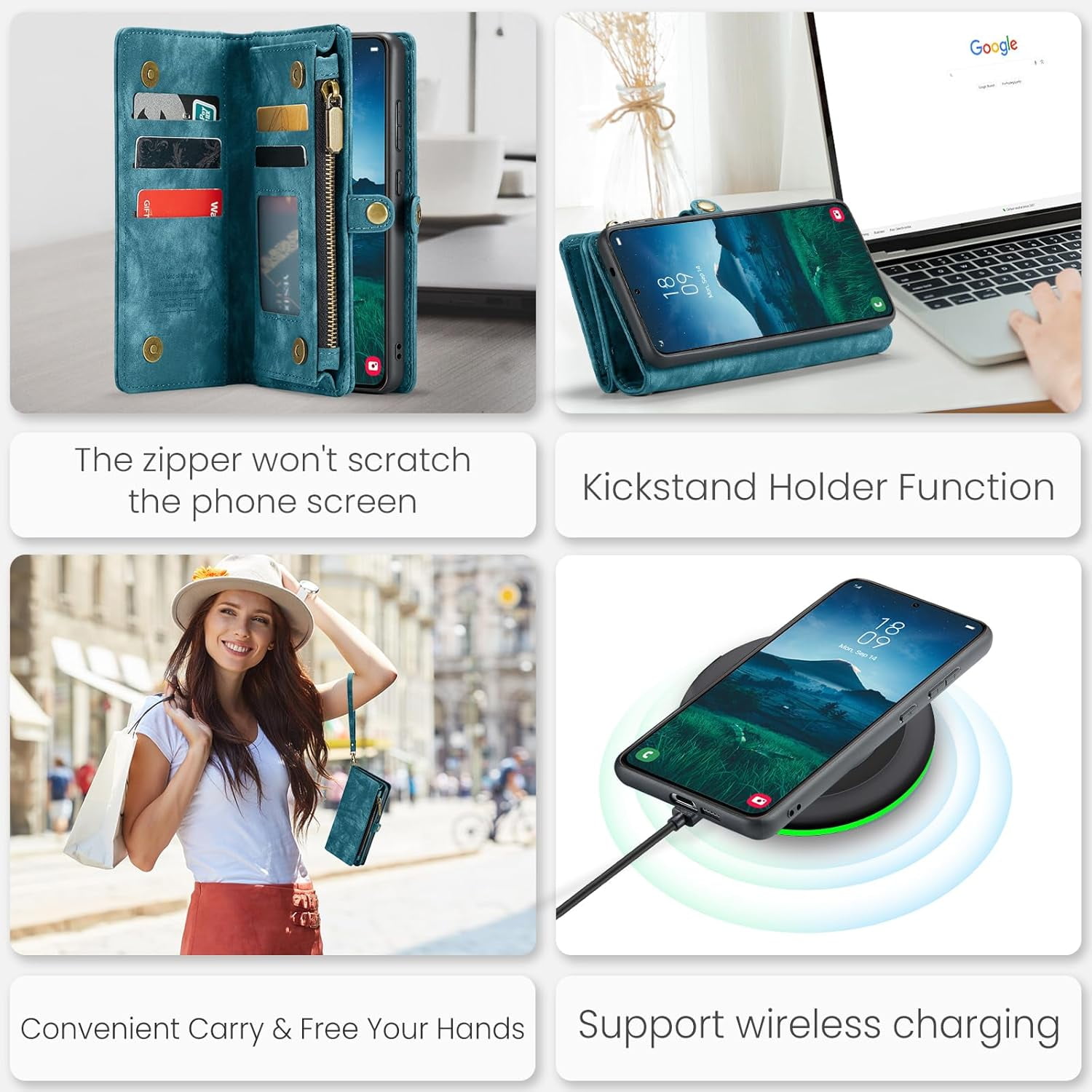 Compatible with Samsung Galaxy S24 Plus/S25 Plus S24+ S25+ 5G Phone Case Zipper Wallet Screen Protector Strap Flip Card Holder Cell Cover for S24Plus 24S + S 24 24+ S25Plus 25S 25+ SM-S936U Blue