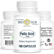 Bio-Tech Pharmacal Folic Acid (5 mg), 100 Capsules All-Natural Supplement Supports Cardiovascular, Nervous System, & Prenatal Health No Dairy, Fish, Gluten, Peanut, Shellfish, GMOs, Halal, & Soy