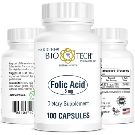 Bio-Tech Pharmacal Folic Acid (5 mg), 100 Capsules – All-Natural Supplement – Supports Cardiovascular, Nervous System, & Prenatal Health – No Dairy, Fish, Gluten, Peanut, Shellfish, GMOs, Halal, & Soy