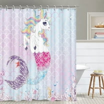 Funny Unicorn Shower Curtain for Kids, Mermaid Gradient Pink Little Girl Fabric Shower Curtain Sets with Hooks, Ocean Sea Animal Waterproof Bathtub Accessories ,70x70in