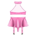 thumbnail image 5 of Conjunto de lencería de charol para mujer, traje Rave para discoteca, Top corto con espalda descubierta y cuello Halter con tangas integradas, minifalda con volantes, 5 of 5