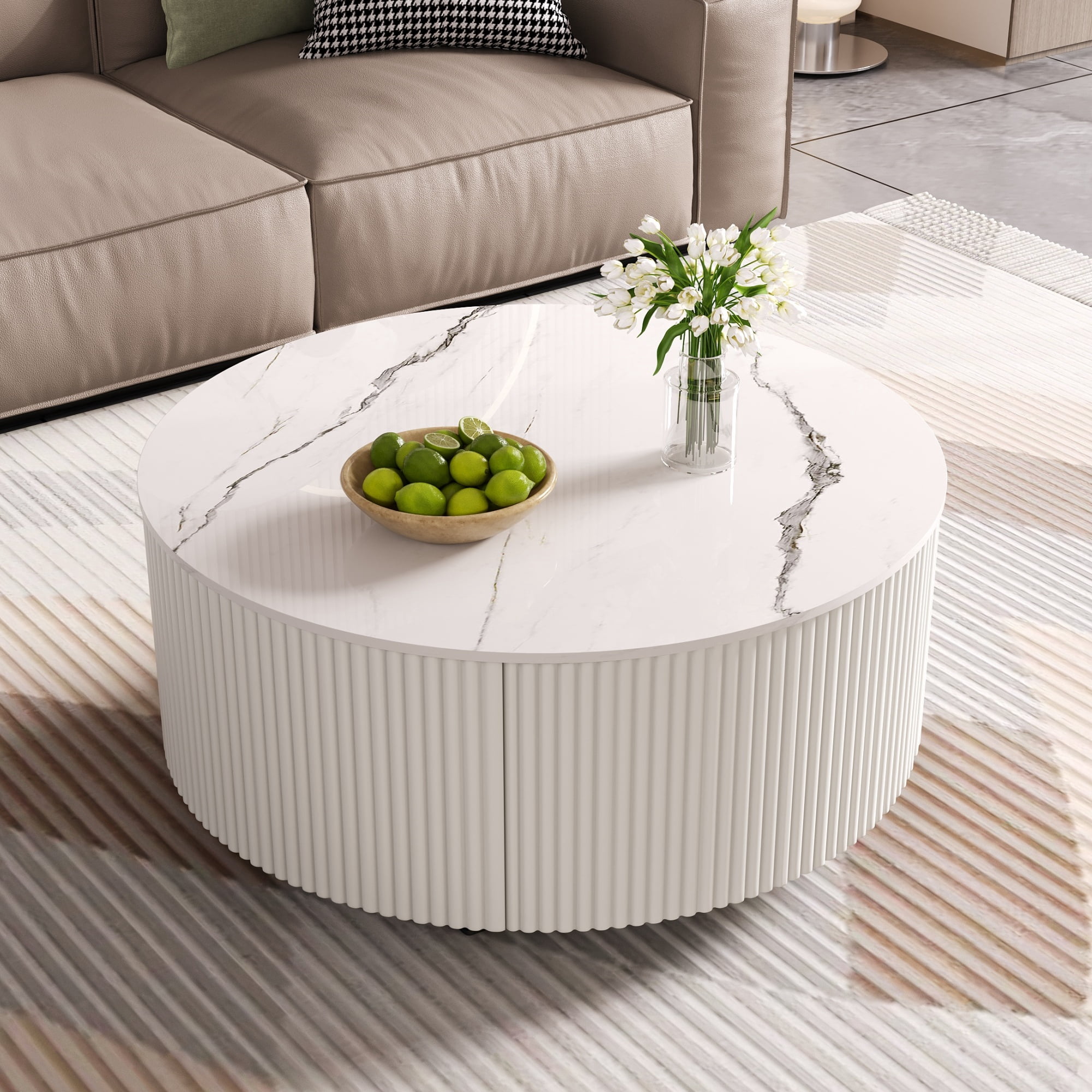 Euroco Modern Round Movable Coffee Table with Casters, 2 Drawers, Marble Pattern Sintered Stone Top, White, 29.5"