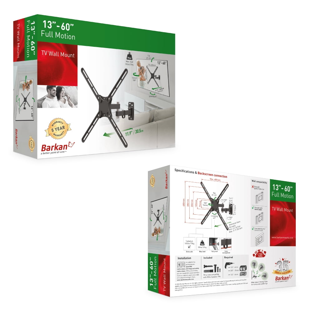 Barkan Full Motion TV Wall Mount 13 - 58 inch 55 lbs Low Profile 5 Year Warranty