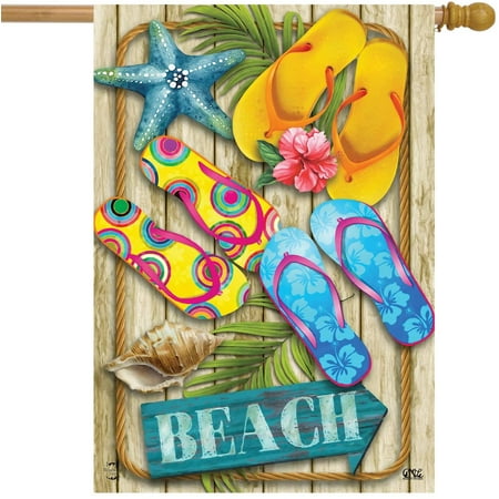SAYTAY Flip Flops Beach Summer House Flag Nautical 28  x 40 Authentic Briarwood Lane Craftsmanship Bright Crisp Original Artwork from the Briarwood Lane 2022 Collection 100% All-Weather Polyester for Exceptional Fade Resistance - 28  x 40  Single Sided Text; Vibrant Double Sided Image Sewn in Sleeve Fits all Standard House Flag Poles (pole not included)