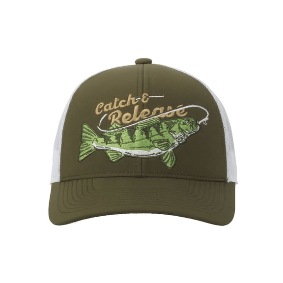Olive/White Walleye 5-Panel Fishing Cap – Structured, Embroidered, Snapback, One Size