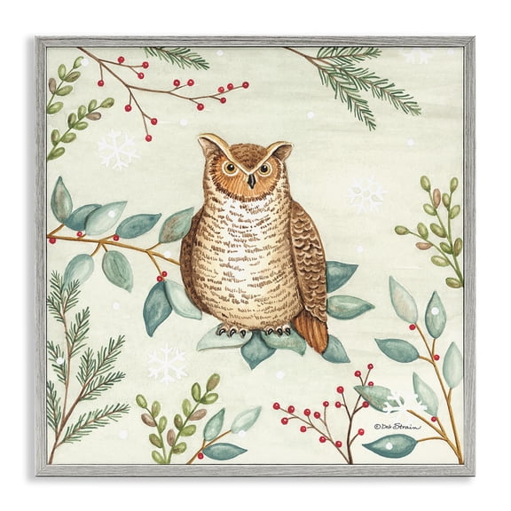 Stupell Industries Traditional Owl in Woodland Winter Gray Framed Giclee Art, 24 x 24, by Deb Strain