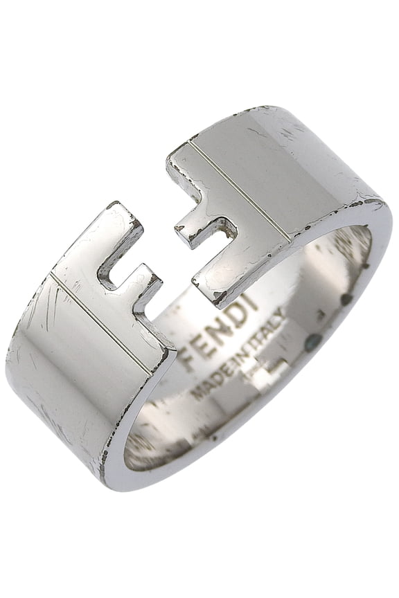 Pre-Owned Fendi F-logo ring, size 21.5, metal, approximately 9.2g, unisex.