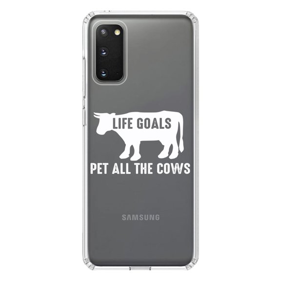 DistinctInk Clear Shockproof Hybrid Case for Galaxy S20 / S20 5G (6.2" Screen) - TPU Bumper Acrylic Back Tempered Glass Screen Protector - Life Goals, Pet All The Cows