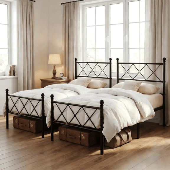 Zimtown Twin Set of 2 Bed Frame with Smart LED Light, Metal Platform Bed with Charging Station, Black