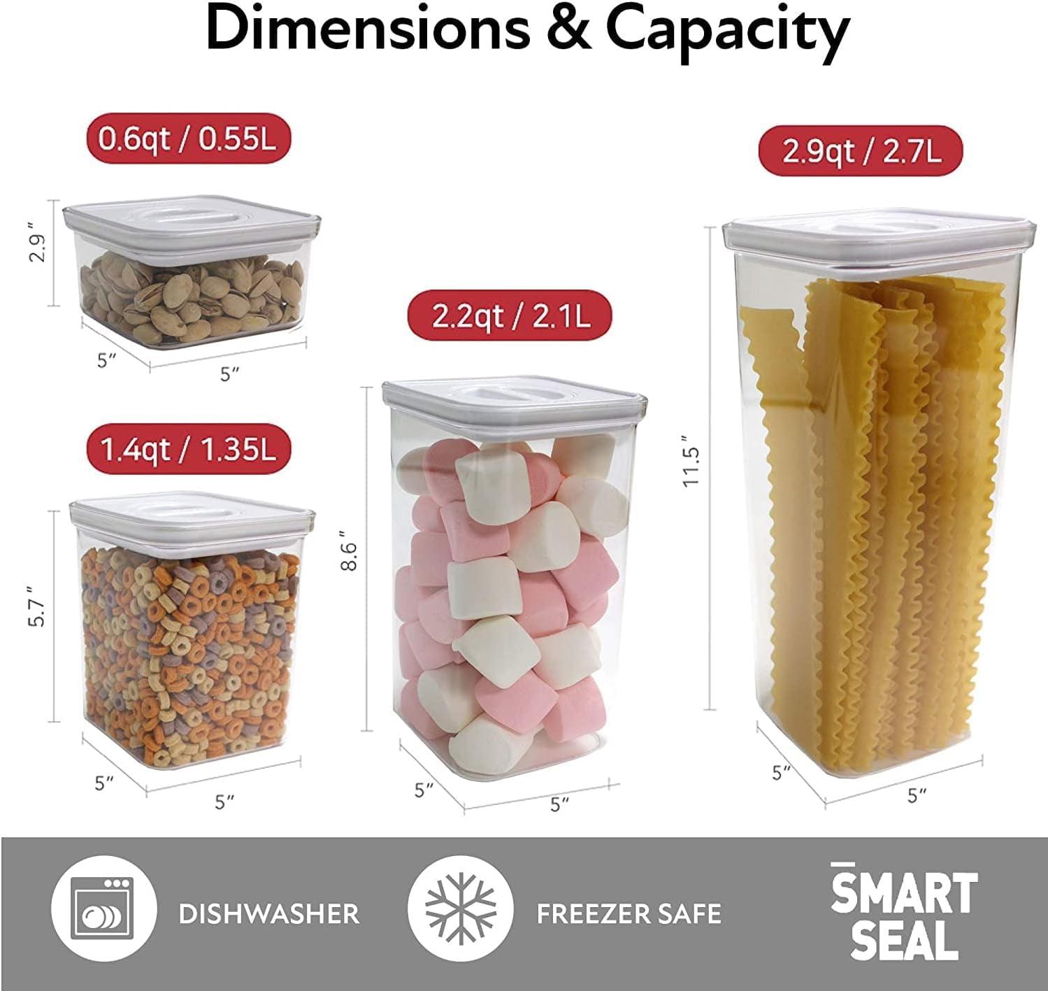 NEOFLAM Airtight Smart Seal Food Storage Container (Set of 3, Square) | Crystal Clear Body | Modular, Stackable, Nestable Design (0.6L, White Lid)