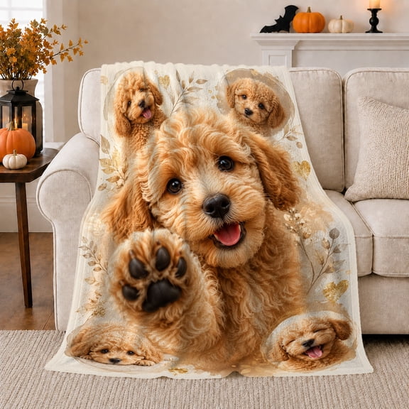 Adorable Poodle Portrait Floral Vines Playful Vignettes, Playful Pet Portrait Pattern, Warm Flannel Blanket for Living Room and Bedroom, Dog Lovers Just Because Gift, Pet Lover Home Decor