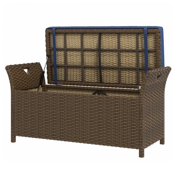 Outdoor Wicker Storage Bench, 2-in-1 Patio Furniture with Cushion, 29 Gallon Rattan Deck Box, Dark Blue