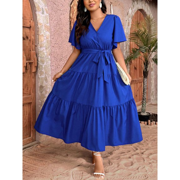 Royal Blue Plus Size V-Neck Wrap Maxi Dress With Tiered Ruffle Hem And Self-Tie Waist Belt, Short Sleeve