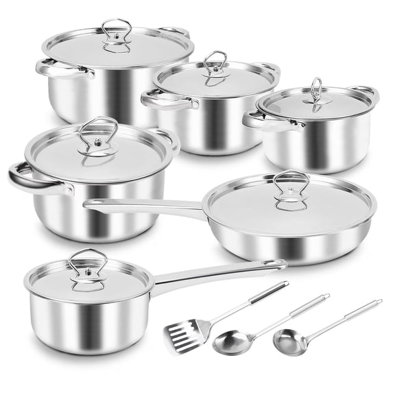 15 Piece Stainless Steel Cookware Set, Pots and Pans Set with Lids Non Toxic, Kitchen Induction Cookware with Utensil Sets For Oven & Dishwasher ,Heavy Premium Kitchen Cooking