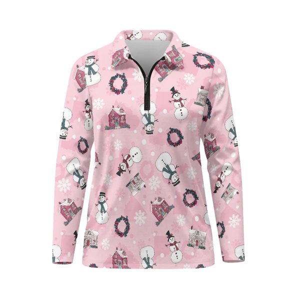 Aplkyhs Pink Snowman Golf Tennis Shirts Long Sleeve Cloth Workout Tennis T-Shirts Soft and Comfortable Quarter Zip Lightweight with Collar Shirt Suitable for Outdoor Sports