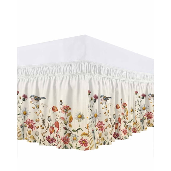 Fall Pink Flower Bed Skirt King Size 18 Inch Drop, Bird White Daisy Leaf Pastoral Vintage Wrap Around Dust Ruffle Bedskirts, Wrinkle & Fade Resistant Easy Fit Bedskirt with Adjustable Elastic
