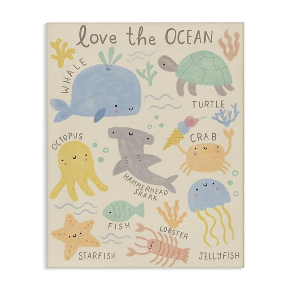 Stupell Industries Love The Ocean Creatures Animals Painting Wrapped Canvas Art Print Wall Art, 16 x 20