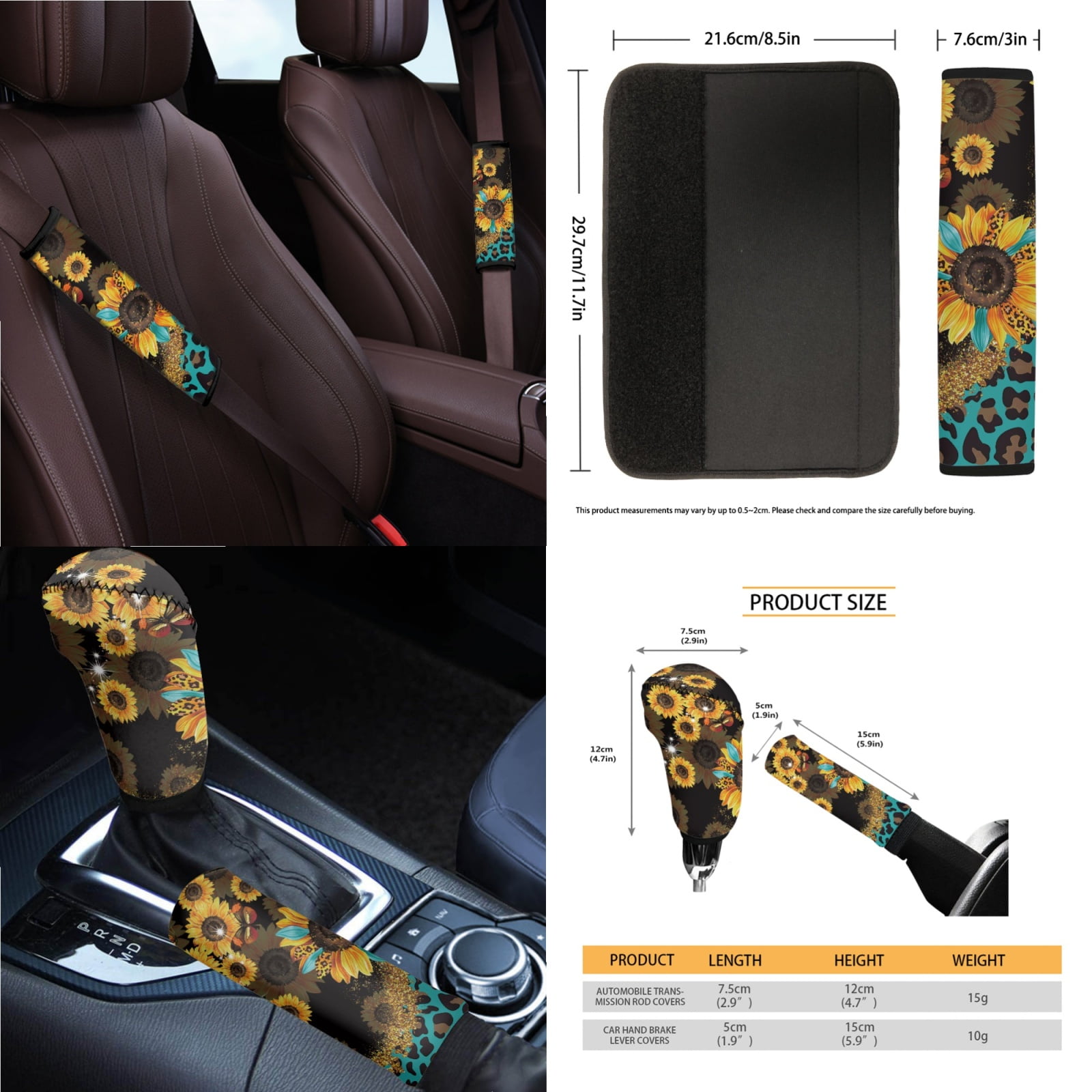 Jeiento Sunflower Car Seat Covers Front Rear Full Set Steering Wheel Cover Seat Belt Pads Coasters Waste Bin Leopard Print Armrest Cover Cup Holders Rearview Mirror Cover Handbrake Cover Set, 14 PCS