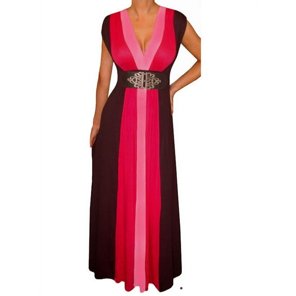 Funfash Women's Plus Size Black Pink Slimming Empire Waist Block Maxi Dress - L