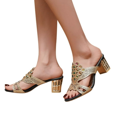 

Follure Sandals For Women Ladies Chunky Heel High Heel Fish Mouth Casual Bohemian Beach Shoes Rhinestone Slippers